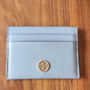 Tory Burch Powder Blue Leather Card Holder with Gold Logo